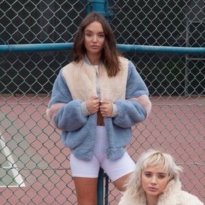 SHACI BRISBANE FAUX FUR BLUE CREAM PINK BOMBER JACKET SZ S